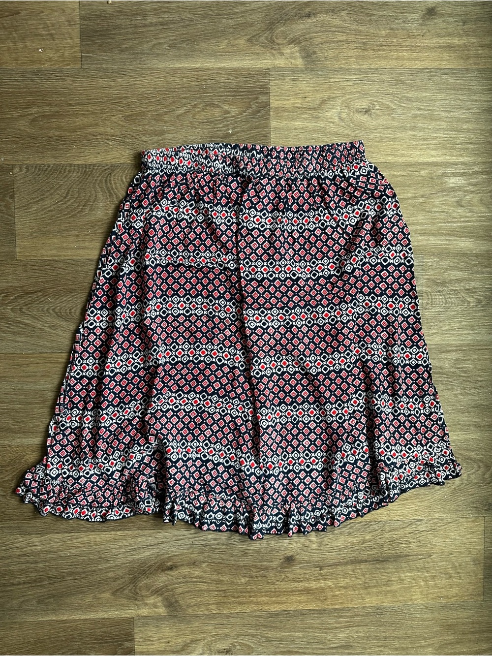 Kim Rogers Geometric Diamond Print Ruffle Hem A-Line Skirt Elastic Waist Size M